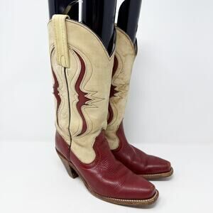 Vintage Frye Red/Tan Leather Western Boots Pull On Made in USA Women's Size 6